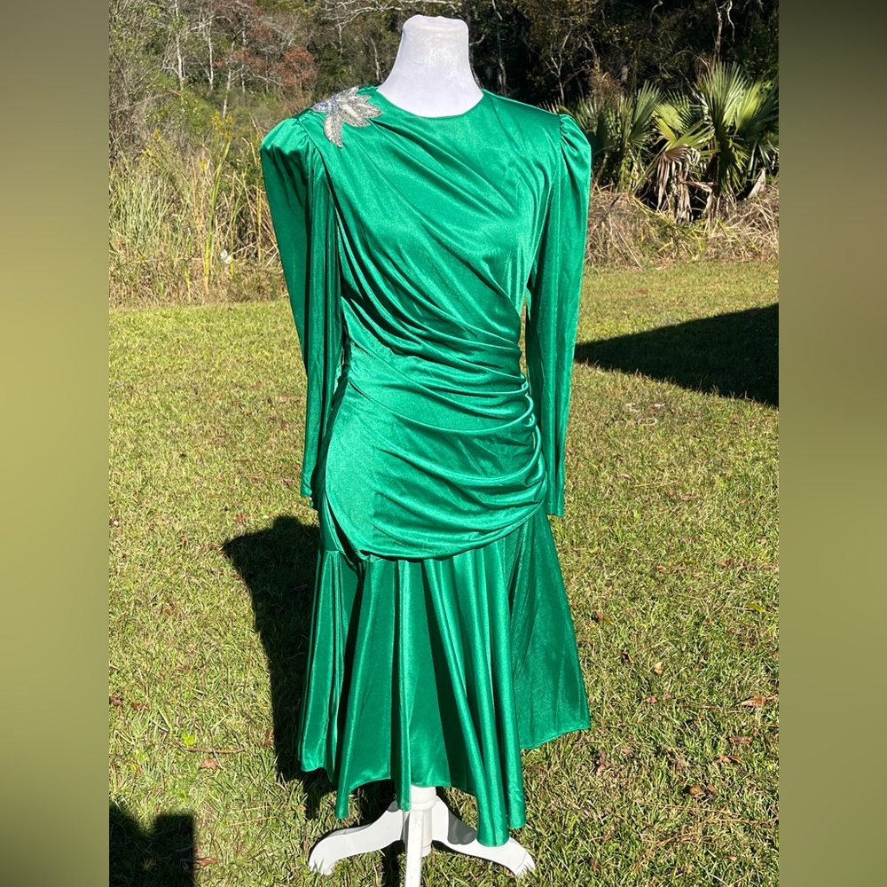 David Rose vintage green wrap-look zip closure long sleeve midi dress Size 8.